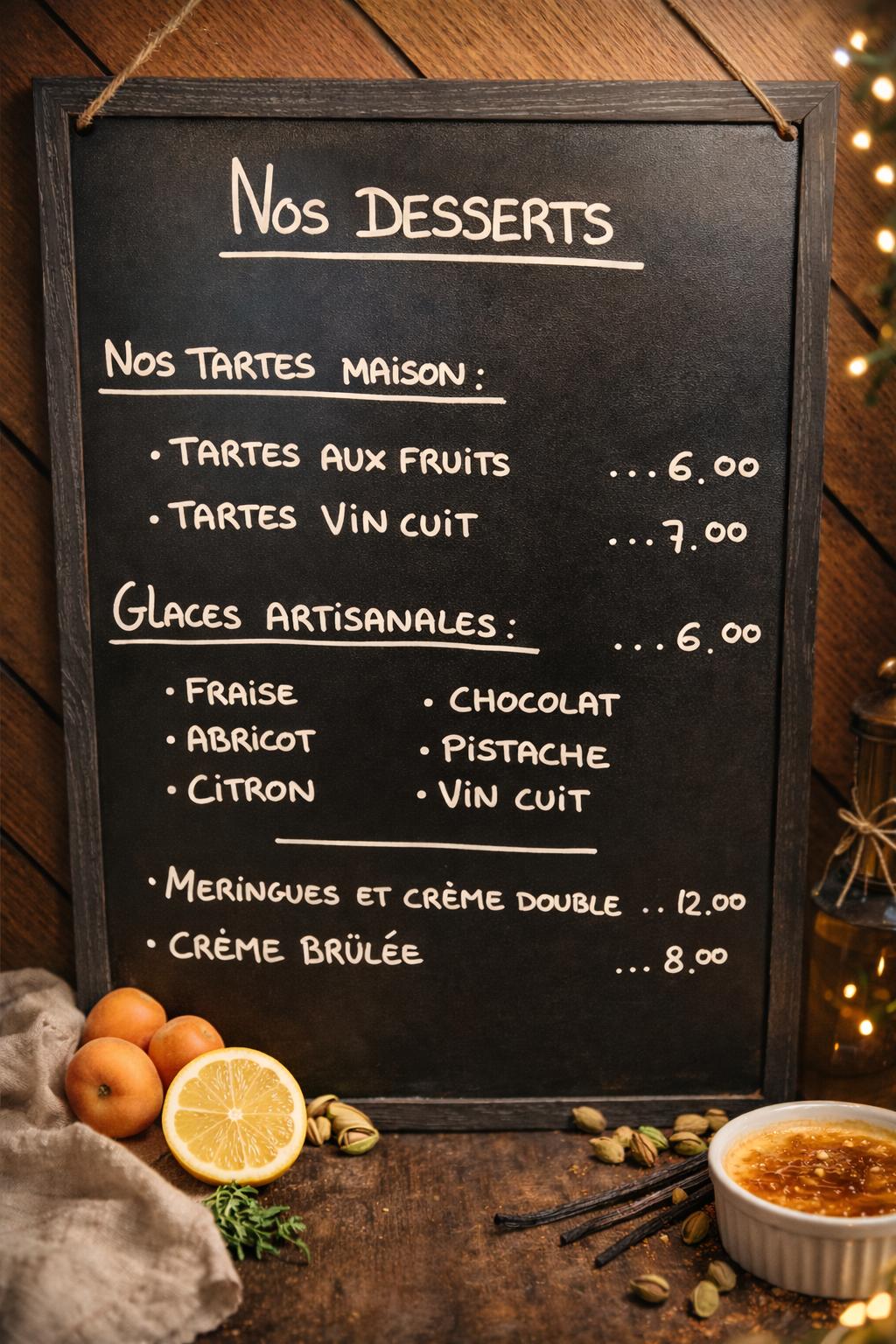 Ardoise des desserts au Café du Marché