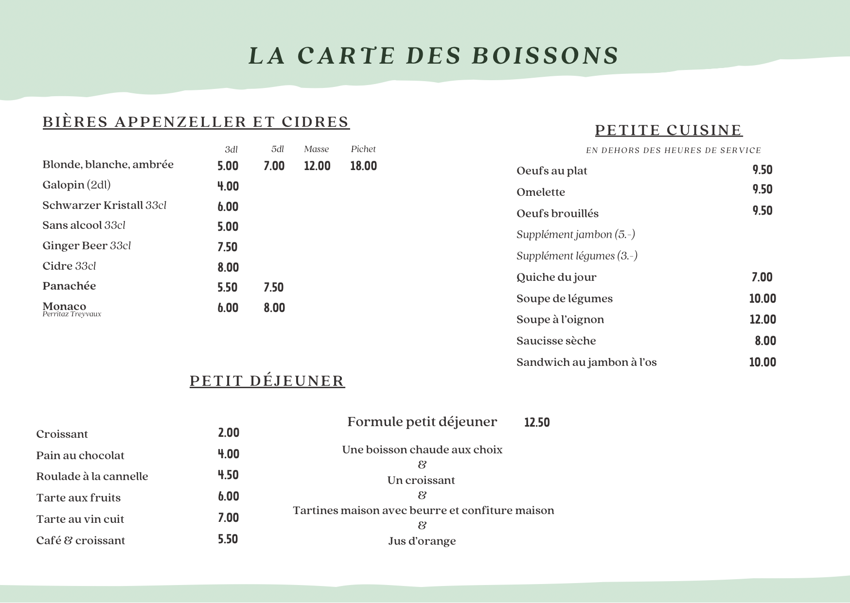 Carte des boissons